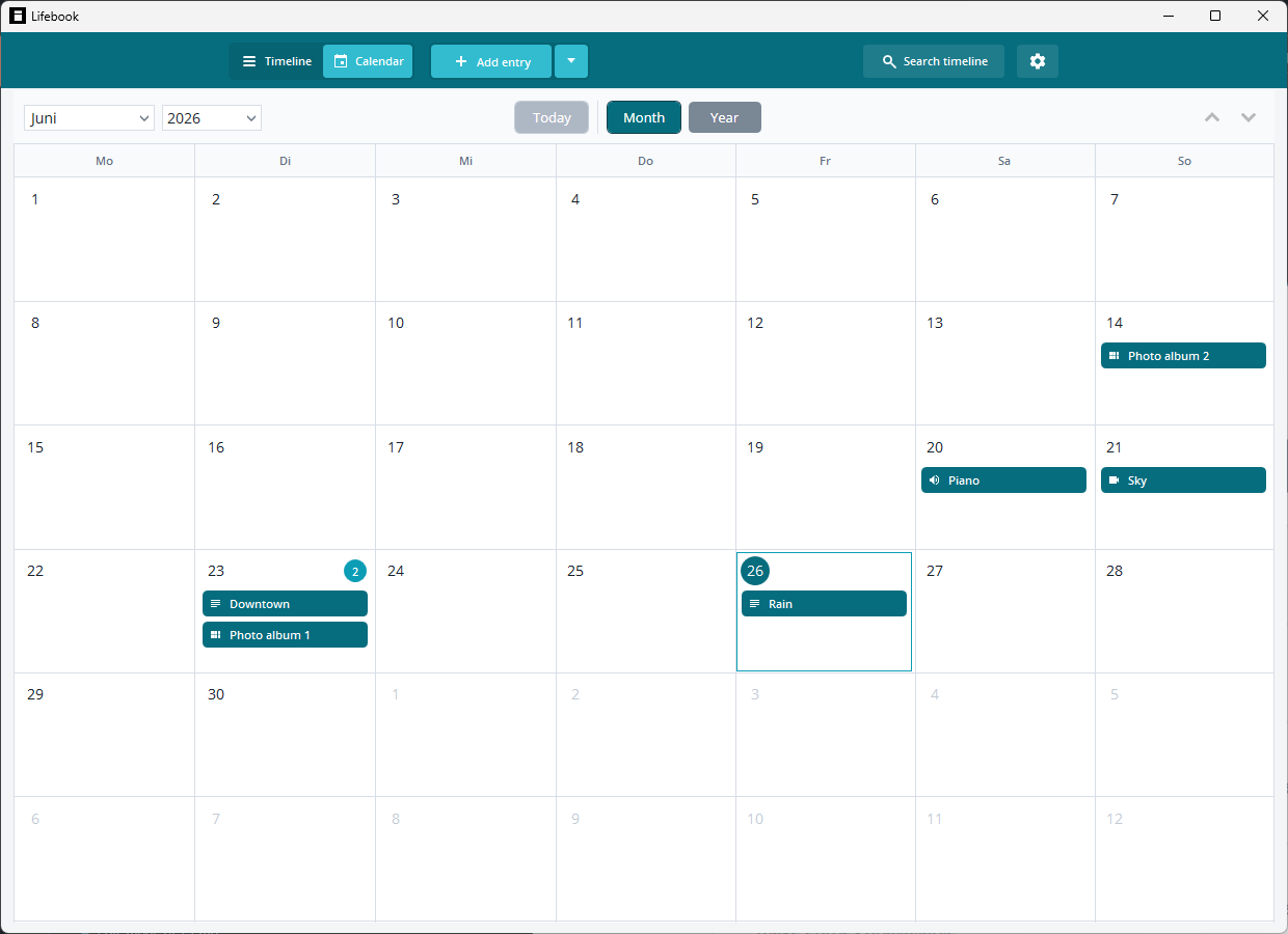 Lifebook calendar view showing entries arranged by day