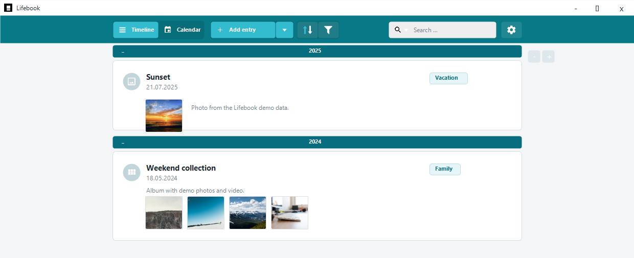 Lifebook timeline list view with current main menu and entry cards